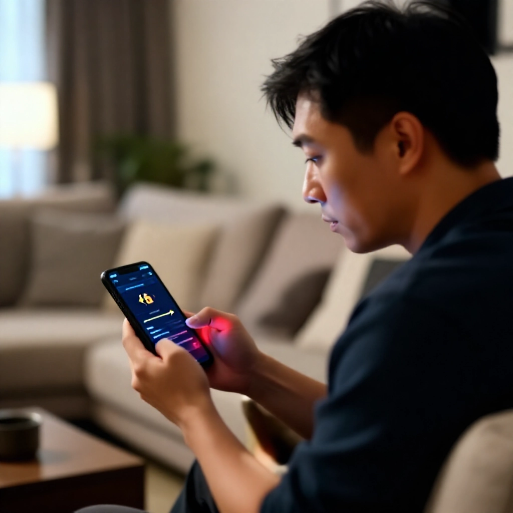 一位謹慎的台灣男子在柔和燈光現代客廳中專注研究顯示娛樂城提款步驟的手機螢幕,金色流程箭頭指向銀行符號,周圍有微妙的紅色警示光芒
