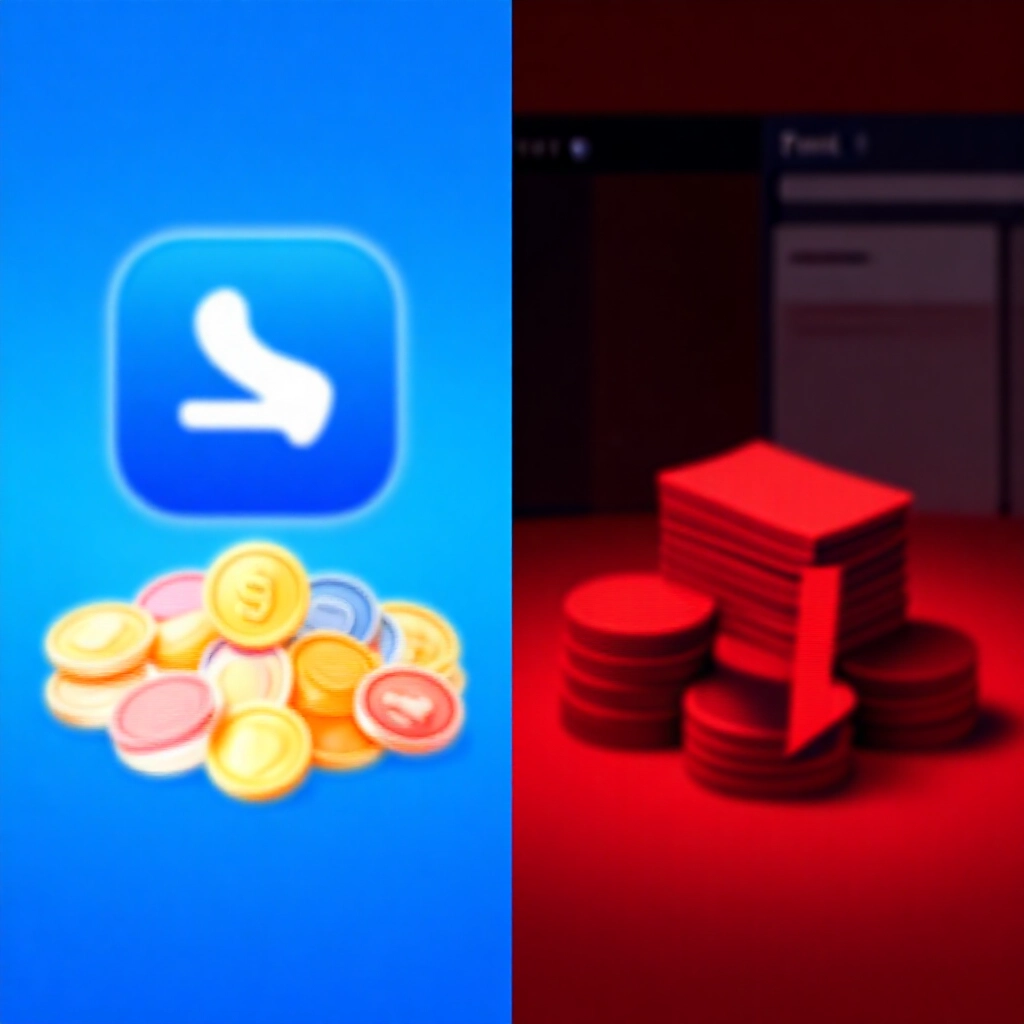 左側明亮App Store麻將遊戲與彩色虛擬幣，右側黑暗網頁真實現金堆疊，對比藍色安全色調與紅色風險陰影