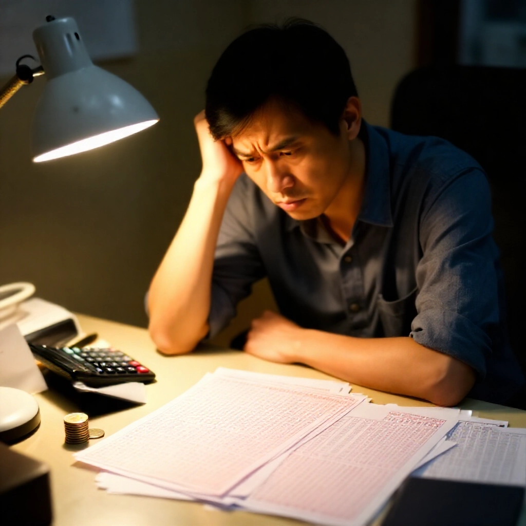 一位困惑的台灣男子,身穿休閒服坐在雜亂辦公桌前,桌上散落彩券、塗鴉數字與計算機,暖燈光下,旁邊錢幣堆疊,表情專注緊張