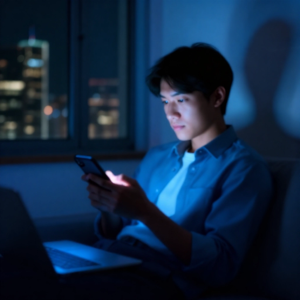 公寓內年輕上班族下班後使用手機App完成Line Pay任務，藍色螢幕光線照亮放鬆臉龐，窗外夜間城市天際線