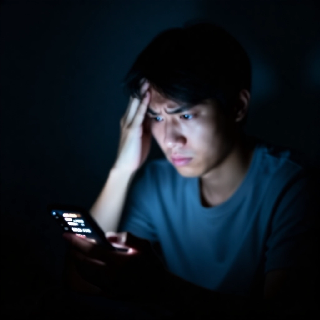 深夜焦慮的年輕台灣人獨坐暗室,盯著滿載債務催款通知的手機螢幕,臉部緊繃恐懼陰影
