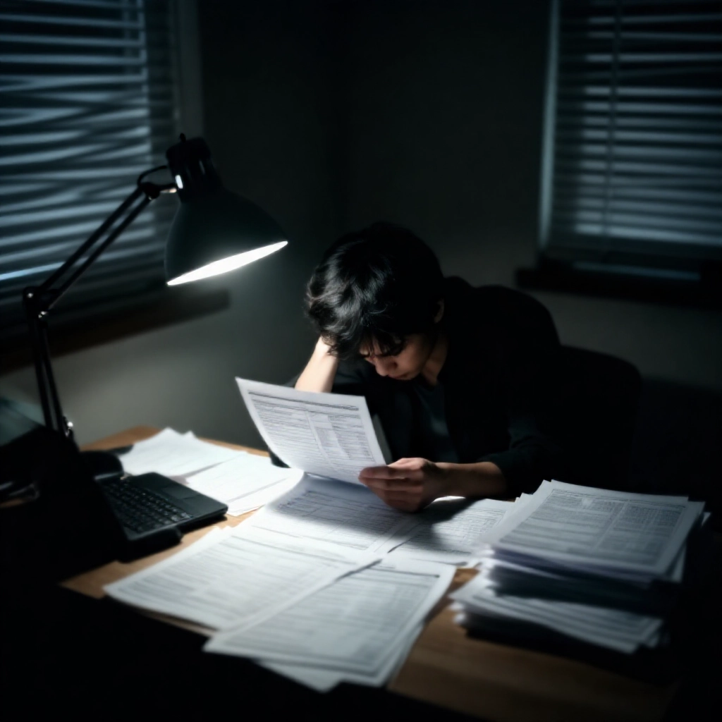 陰影雜亂房間內,壓力身影在桌燈下檢查未付款債務單據與投注記錄,窗外陰影逼近,營造緊張灰色氛圍