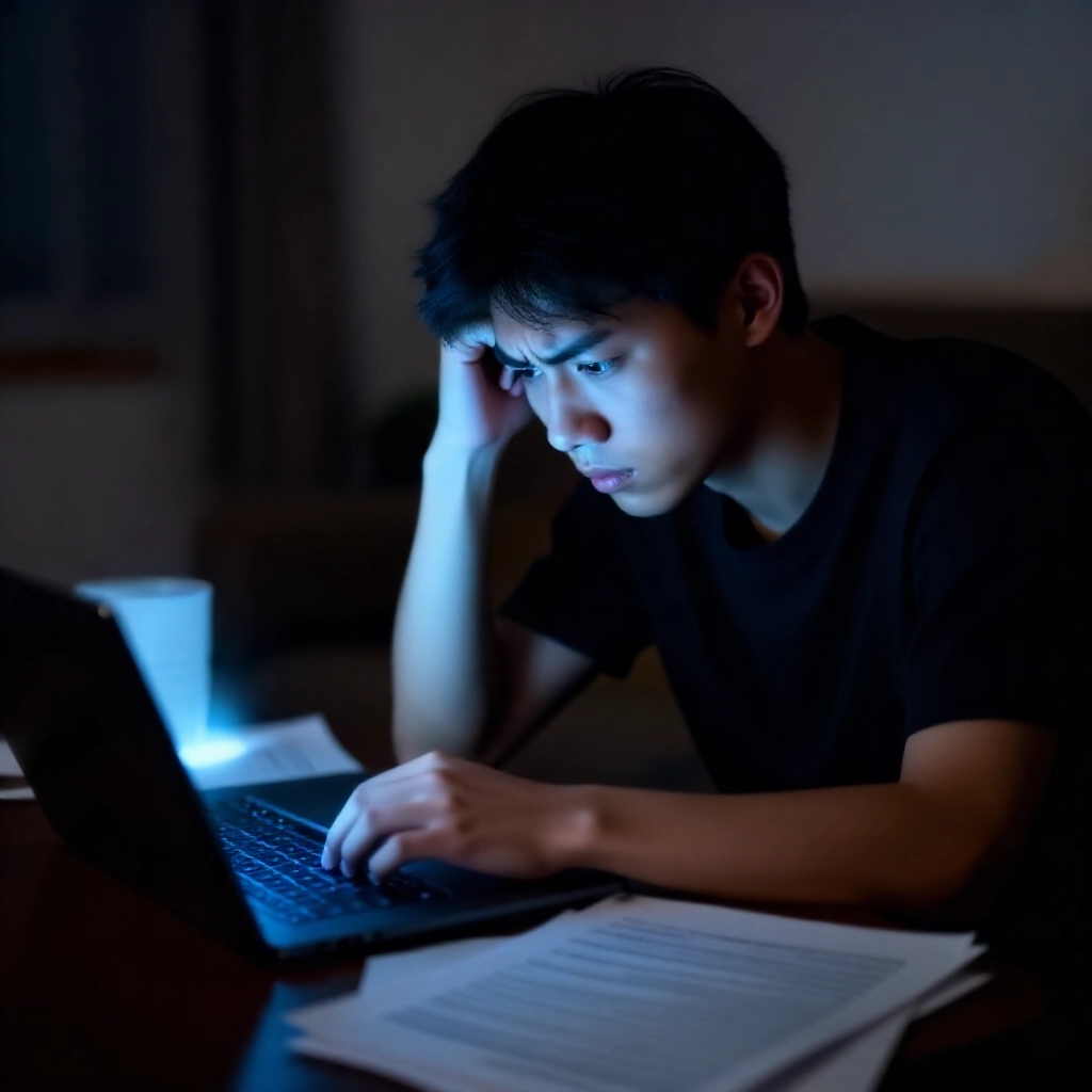 年輕台灣男子深夜在電腦螢幕前焦慮瀏覽線上博弈法規